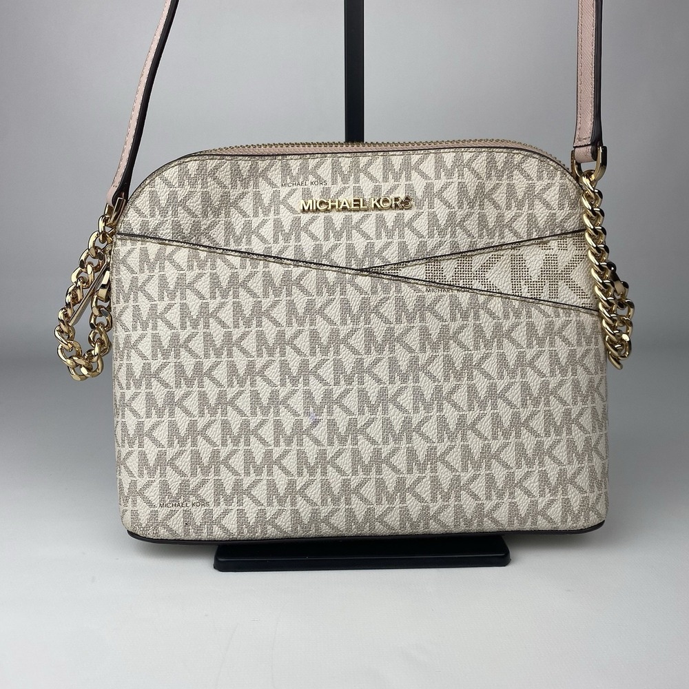 Michael Kors Mercer Logo and Leather Accordion Crossbody Bag Pink Medium
